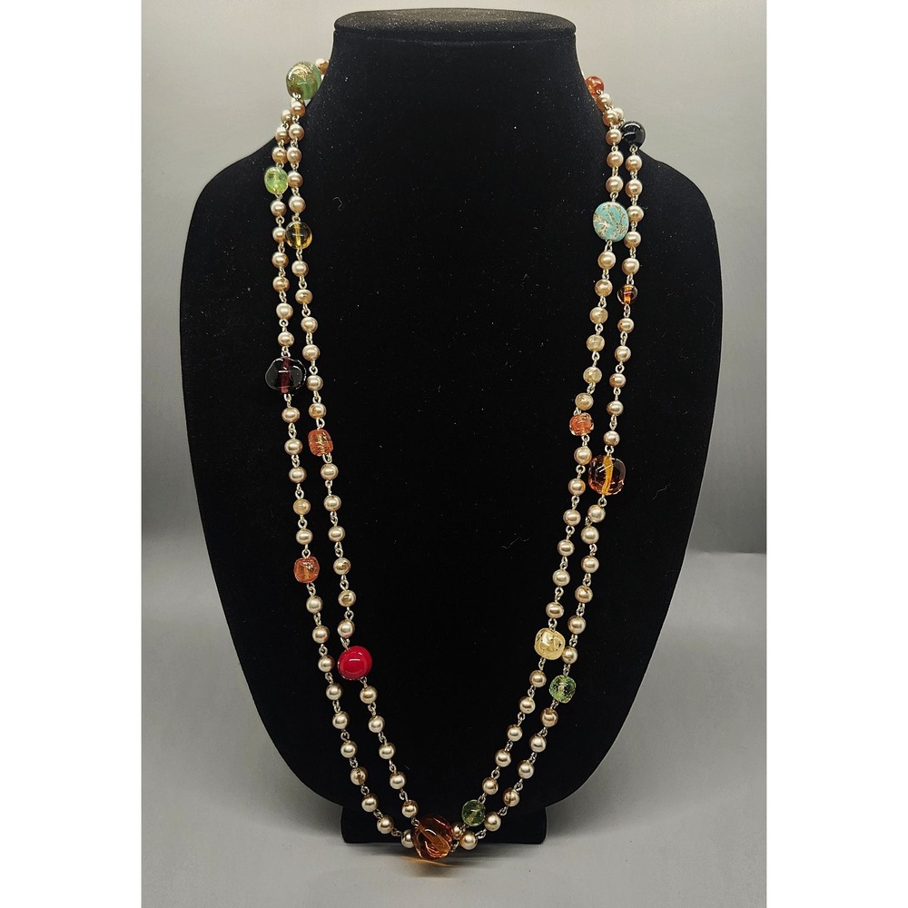 Long Multi-Color Beaded Station Necklace Faux Pearl Glass Gold Tone